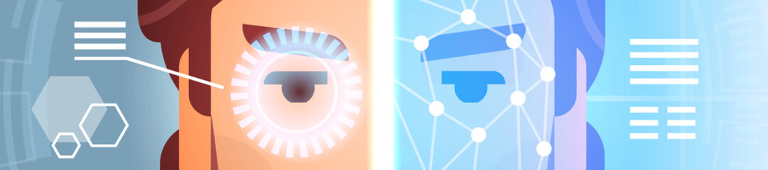 Poster - Recognition Scanning Of Male Eye Retina Horizontal Banner Biometric Identification System Of Access Control Vector Illustration