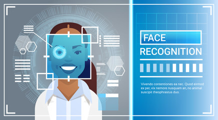 Poster - Face Recognition System Eye Retina Scanning Of African American Woman, Biometric Identification Technology Access Control Concept Vector Illustration