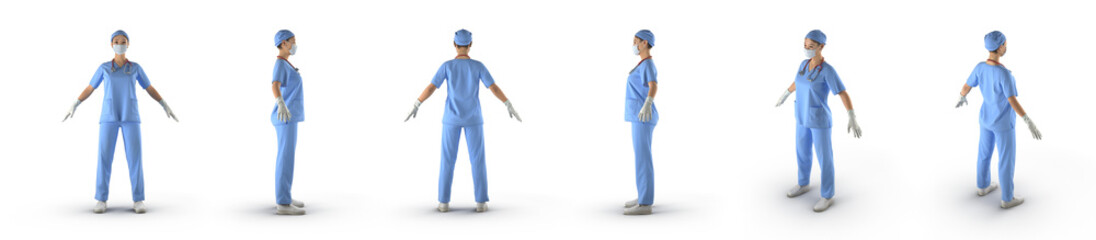 Wall Mural - Nurse or young doctor standing in full body renders set from different angles on a white background. 3D illustration