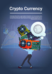 Poster - Man Holding Microchips Bitcoins Concept Digital Crypto Currency Modern Web Money Over Blue Background With Financial Charts Vector Illustration
