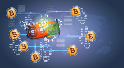 Poster - Microchip With Golden Bitcoins Digital Crypto Currency Modern Web Money Over Dark Blue Background Vector Illustration