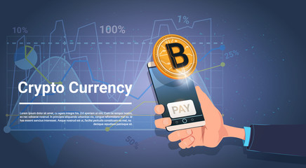 Poster - Hand Hold Smart Phone With Pay Button Golden Bitcoin Digital Crypto Currency Modern Web Money Concept Vector Illustration