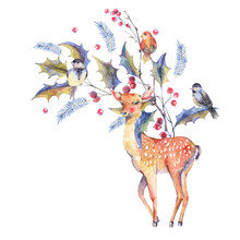 Watercolor Christmas Greeting Card With Holly Berries And Deer
