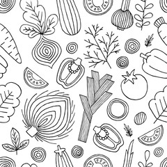 Vegetables seamless pattern. Linear graphic. Vegetables background. Scandinavian style. Healthy food. Vector illustration