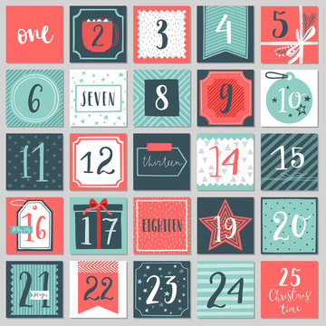 Fototapete - Christmas advent calendar, hand drawn style.