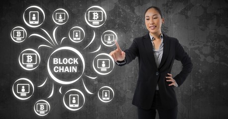 Poster - Businesswoman touching blockchain graphic icon