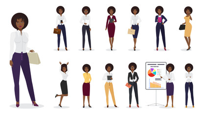Poster - Vector Cartoon african american businesswoman female standing in different positions. Woman character set.