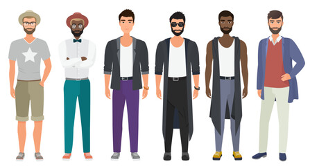 stylish handsome men dressed in modern casual fashion male style clothes, vector illustration. carto