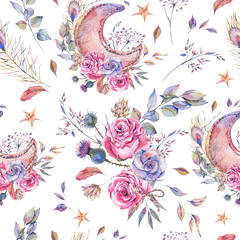 Watercolor Ramadan seamless pattern, moon, stars