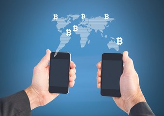 Poster - Hands holding two phones with bit coin world map