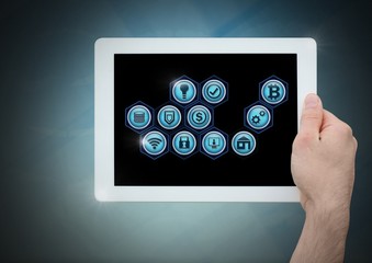 Poster - hand holding tablet and business icons