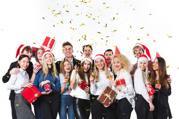 Christmas people with gifts, happy laughing on a white background.