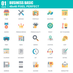 Poster - Flat basic icons set for website and mobile site and apps. Contains such Icons as Portfolio, Services, Target, Awards, Support. 48x48 Pixel Perfect. Editable Stroke. Vector illustration.