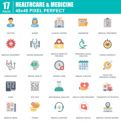 Poster - flat healthcare and medicine, hospital services icons set for website and mobile site and apps. cont