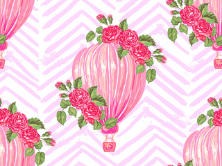 Wall Mural - seamless pattern with hot air balloon, rose flower vector background. perfect for wallpaper, pattern