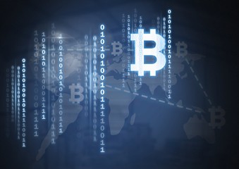Poster - Bitcoin icons and binary code on world map