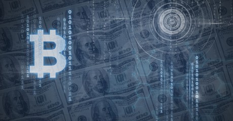 Poster - bitcoin graphic icon and dollar notes