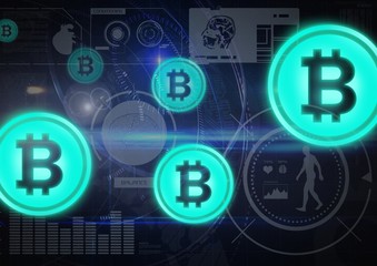 Poster - bitcoin graphic icons with technological background graphics