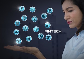 Poster - Businesswoman with hands palm open and Fintech with various