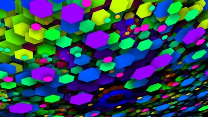 Poster - flying hexahedrons. Pulsating patterns that change color. VJ background.