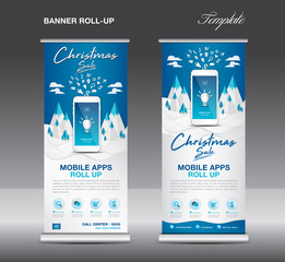 Wall Mural - MOBILE apps Roll up banner template on Winter Landscape Background, Christmas sale, stand layout, blue banner, application presentation, infographics, advertisement, flyer, x-banner, j-flag, poster