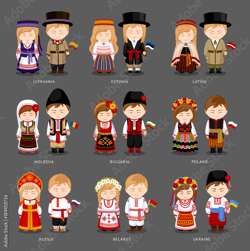 People in national dress. Latvia, Lithuania, Estonia, Bulgaria, Moldova ...