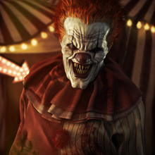 Frightening Evil Looking Clown Posing In Front Of A Circus Tent. 3d Rendering