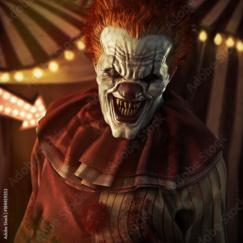 Fotografie, Obraz Frightening Evil looking clown posing in front of a circus tent