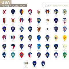 Wall Mural - Vertical pin icon, USA states flag collection.