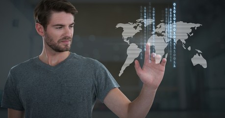 Poster - Businessman touching world map technology binary