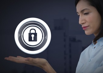 Poster - Businesswoman with hands palm open and security lock icon