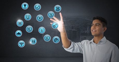 Poster - Businessman touching various business icons