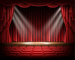 Open red curtain and empty illuminated theatrical scene realistic vector illustration. Grand opening concept, performance or event premiere poster, announcement banner template with theater stage