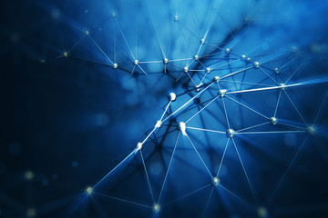 Poster - 3D illustration Abstract bacgkround connection dots and lines of technology. Connection structure. Science background. Futuristic polygonal background with depth of field effect, bokeh.