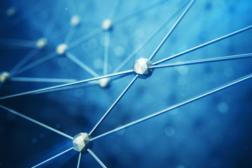 Poster - 3D illustration Abstract bacgkround connection dots and lines of technology. Connection structure. Science background. Futuristic polygonal background with depth of field effect, bokeh.