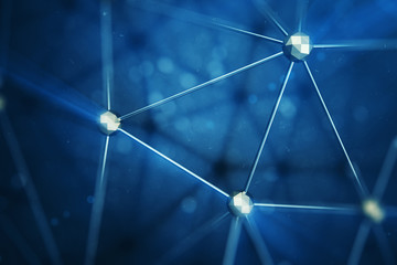 Poster - 3D illustration Abstract bacgkround connection dots and lines of technology. Connection structure. Science background. Futuristic polygonal background with depth of field effect, bokeh.