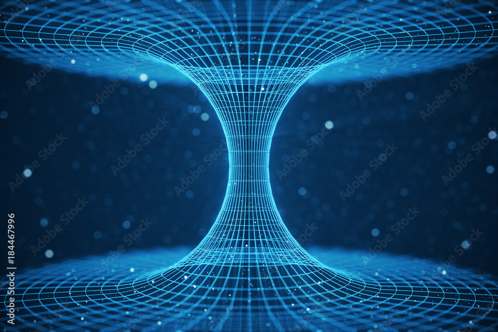 3D illustration tunnel or wormhole, tunnel that can connect one universe with another. Abstract speed tunnel warp in space, wormhole or black hole, scene of overcoming the temporary space in cosmos - obrazy, fototapety, plakaty 