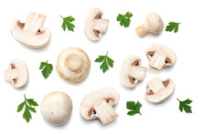 Mushrooms With Parsley Isolated On White Background. Top View