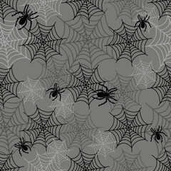 Black spider web seamless pattern with white spiders. Vector seamless background.