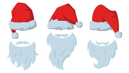 Wall Mural - Set of Red hats and beards of Santa Claus on the white background.