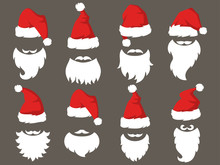 Set Of Red Hats And Beards Of Santa Claus.