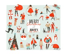 Hand Drawn Vector Abstract Merry Christmas And Happy New Year Time Big Cartoon Illustrations Collection Set Design Elements With Santa Claus,people,xmas Tree And Dog Isolated On White Background