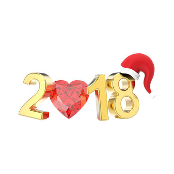 3D illustration isolated new year 2018 gold numbers in the Christmas Santa Claus hat and a red diamond heart