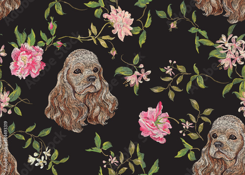 Cuadros en Lienzo Embroidery floral pattern with dog and roses