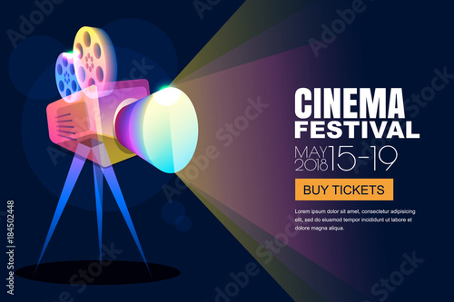 Vector Glowing Neon Cinema Festival Poster Or Banner Background Colorful 3d Style Movie Camera With Film Spotlight Sale Cinema Theatre Tickets Movie Time And Entertainment Concept Wall Mural Betelgejze