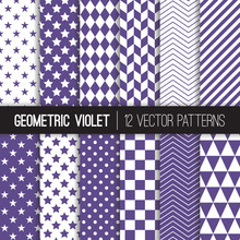 Ultra Violet Geometric Vector Patterns. Backgrounds In Purple Herringbone, Harlequin, Triangles, Chevron, Dots, Checks, Stars & Stripes. 2018 Color Of The Year. Pattern Tile Swatches Included.