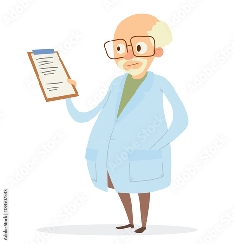Vector Cartoon Image Of Old Man Scientist With Gray Hair Wearing