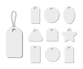 Wall Mural - White different shape tags with strings isolated on white background. Vector realistic elements.