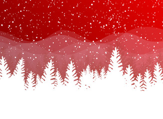 Wall Mural - Christmas winter on red background. White snow with snowflakes on silver bright light. Christmas tree.