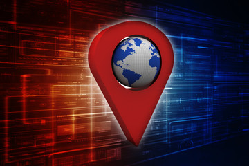 Poster - 3d rendering Red map pointer with world map